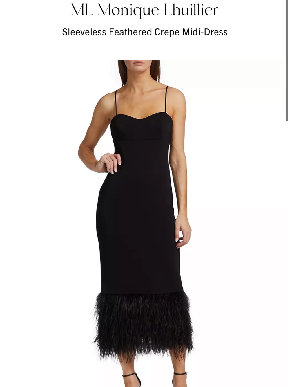 Monique Lhuillier Black Spaghetti-Strap Midi Dress with Feather Hem